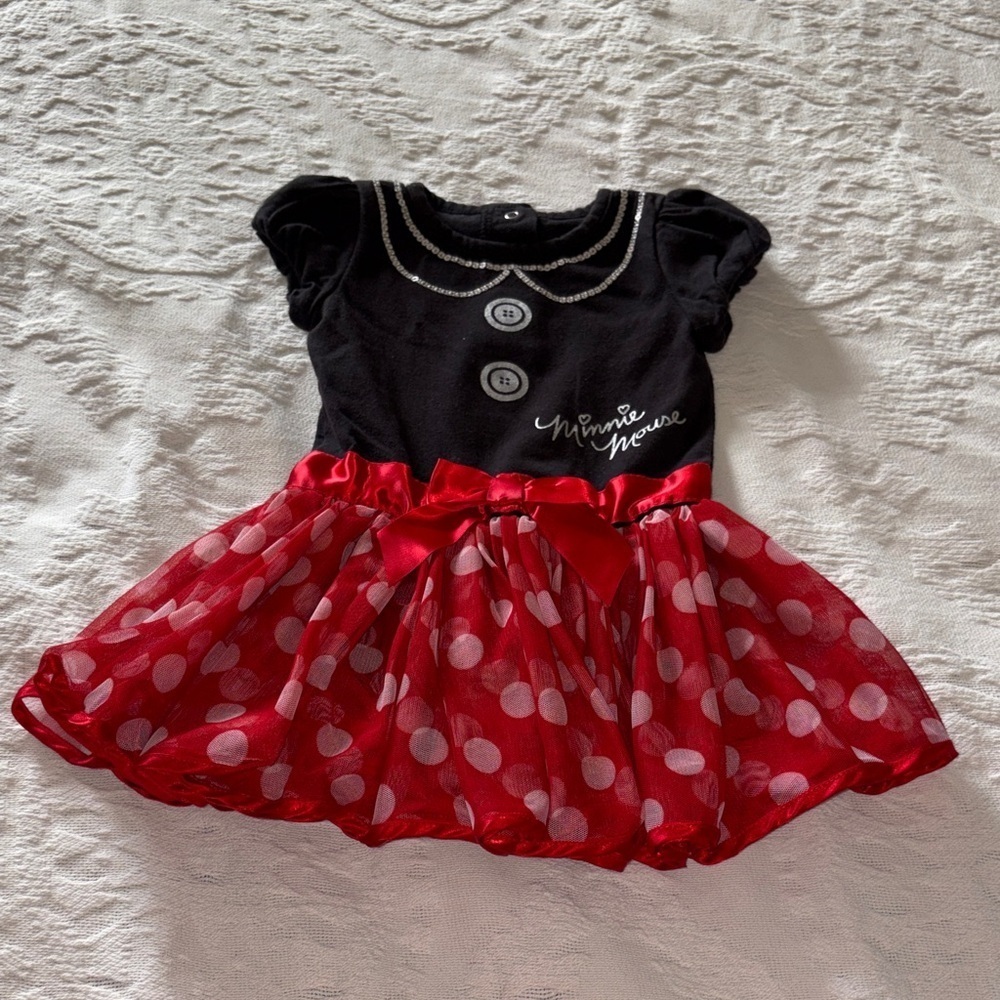 Minnie Mouse Black and Red Polka Dot Dress 12m Gently Loved